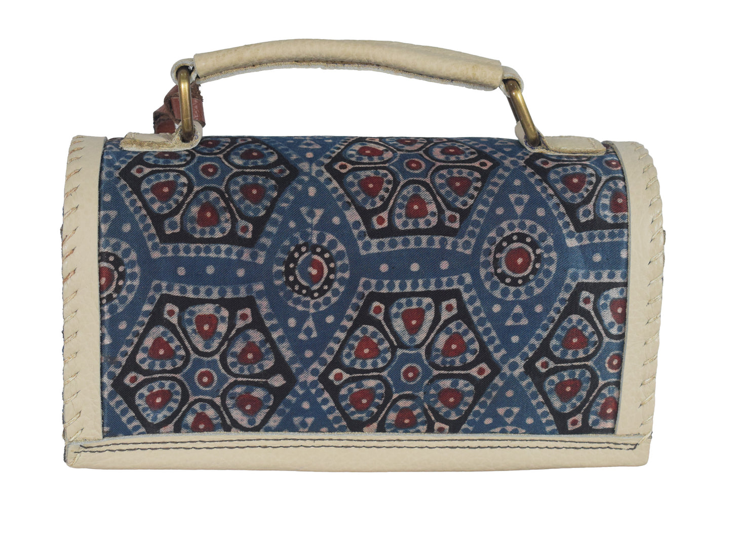 Ajrakh Pure Leather Leathercraft Hand Made Hand Embroidery Sling Bag with Ajrakh Natural Dyed Mashru Silk Body - 12 cms Length   -  SKU : AB25501F