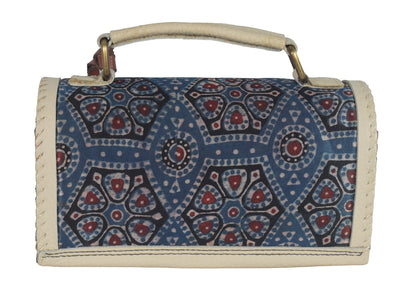Ajrakh Pure Leather Leathercraft Hand Made Hand Embroidery Sling Bag with Ajrakh Natural Dyed Mashru Silk Body - 12 cms Length   -  SKU : AB25501F