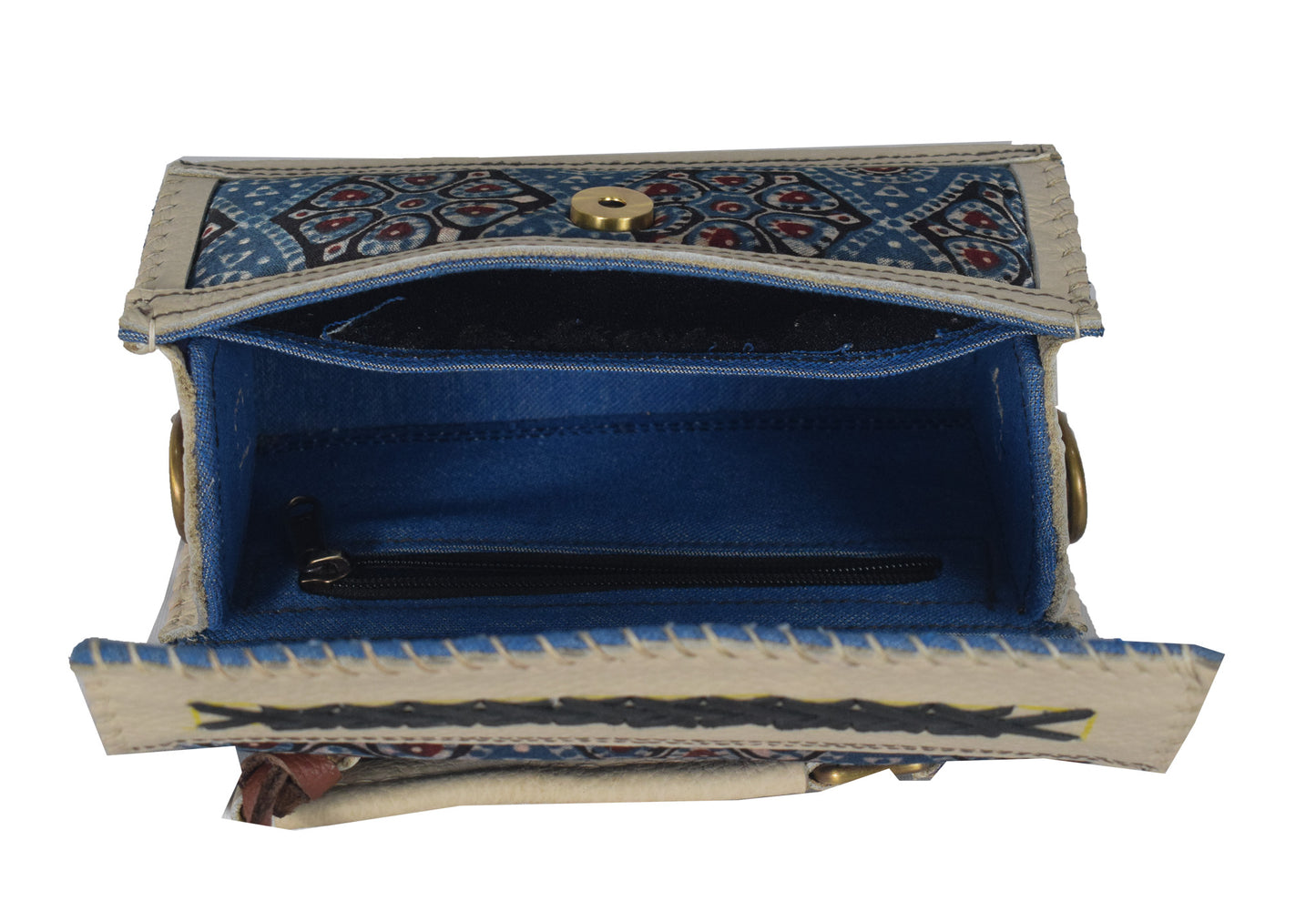 Ajrakh Pure Leather Leathercraft Hand Made Hand Embroidery Sling Bag with Ajrakh Natural Dyed Mashru Silk Body - 12 cms Length   -  SKU : AB25501F