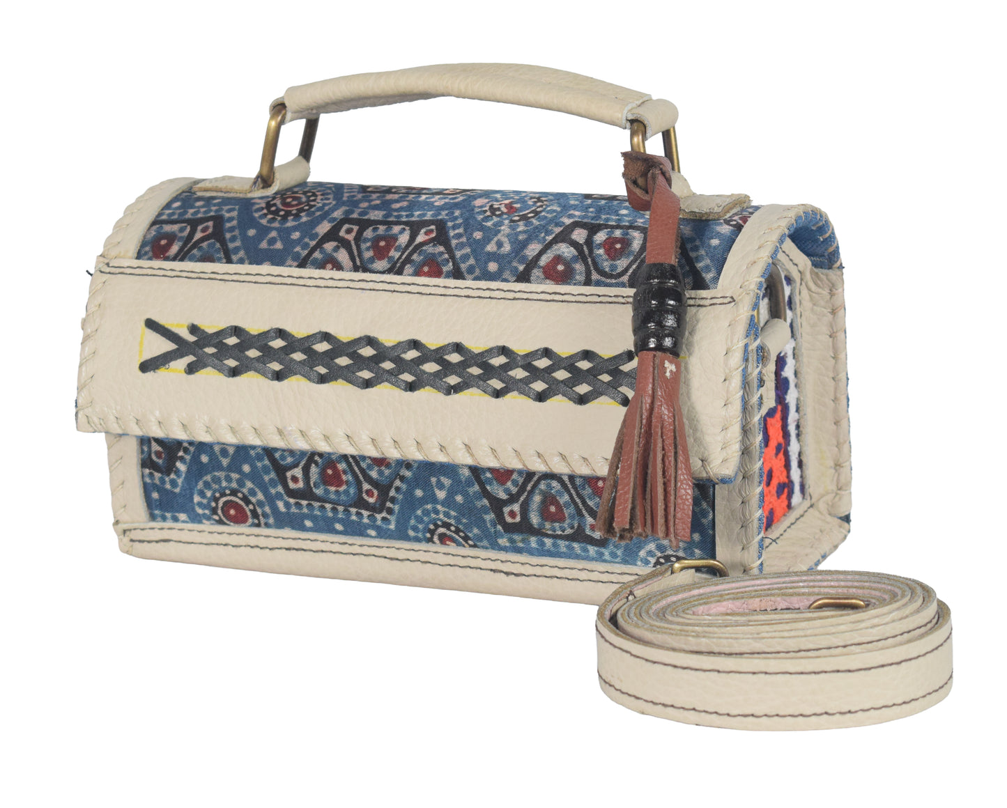 Ajrakh Pure Leather Leathercraft Hand Made Hand Embroidery Sling Bag with Ajrakh Natural Dyed Mashru Silk Body - 12 cms Length   -  SKU : AB25501J