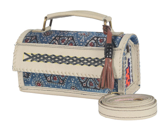 Ajrakh Pure Leather Leathercraft Hand Made Hand Embroidery Sling Bag with Ajrakh Natural Dyed Mashru Silk Body - 12 cms Length   -  SKU : AB25501J