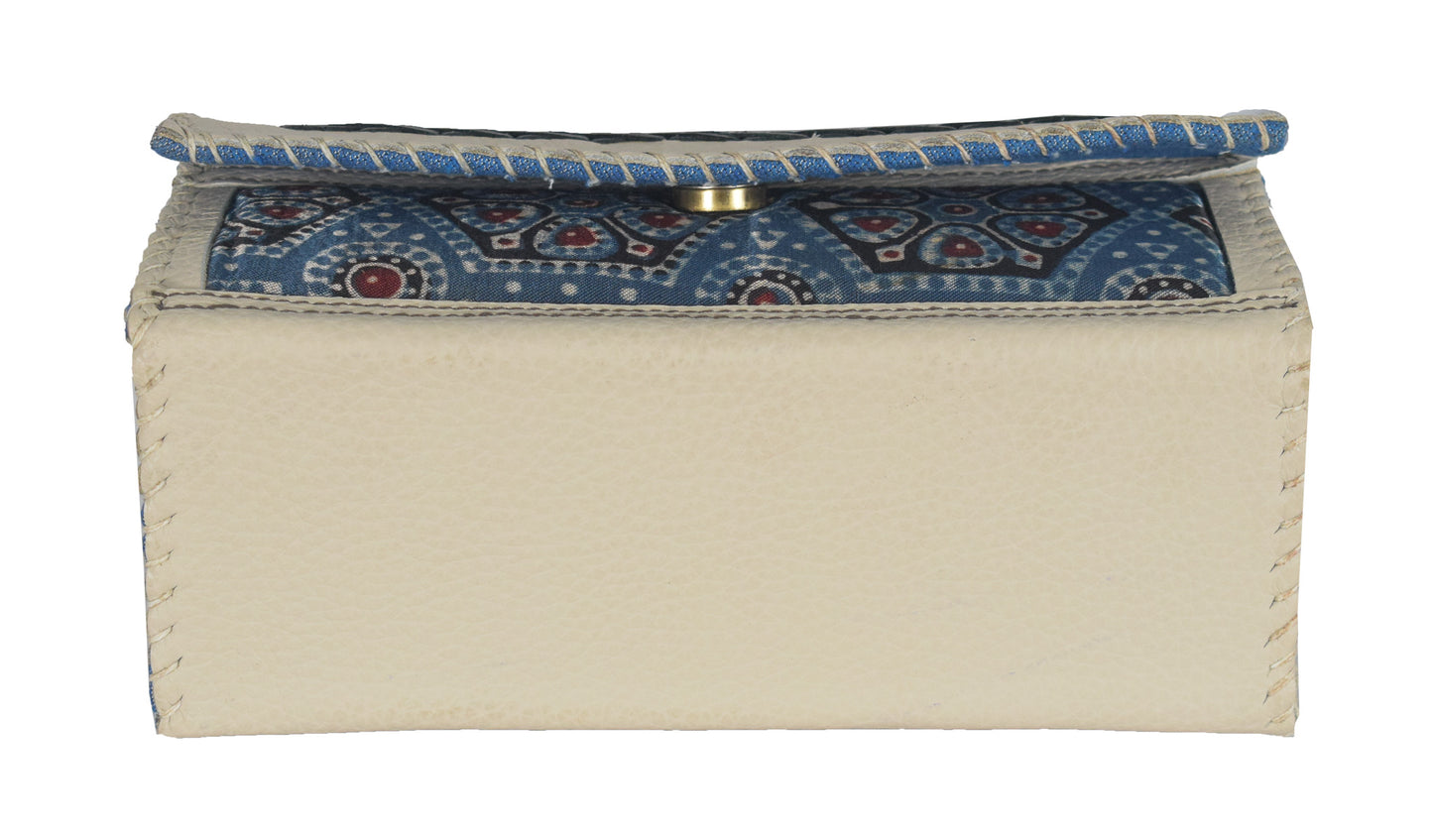 Ajrakh Pure Leather Leathercraft Hand Made Hand Embroidery Sling Bag with Ajrakh Natural Dyed Mashru Silk Body - 12 cms Length   -  SKU : AB25501J
