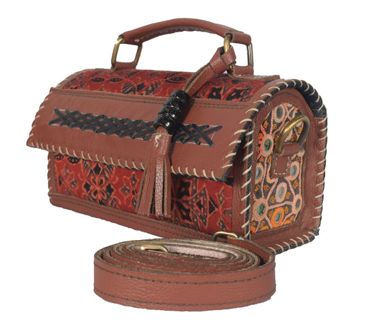 Ajrakh Pure Leather Leathercraft Hand Made Hand Embroidery Sling Bag with Ajrakh Natural Dyed Mashru Silk Body - 12 cms Length   -  SKU : AB25501A