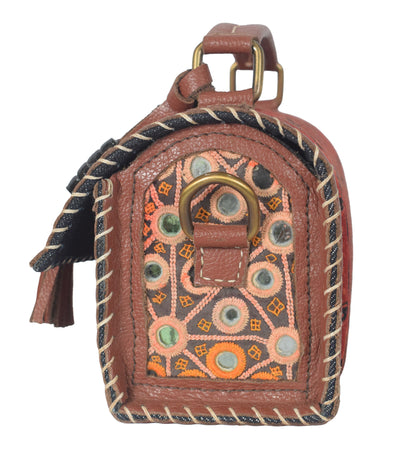 Ajrakh Pure Leather Leathercraft Hand Made Hand Embroidery Sling Bag with Ajrakh Natural Dyed Mashru Silk Body - 12 cms Length   -  SKU : AB25501A
