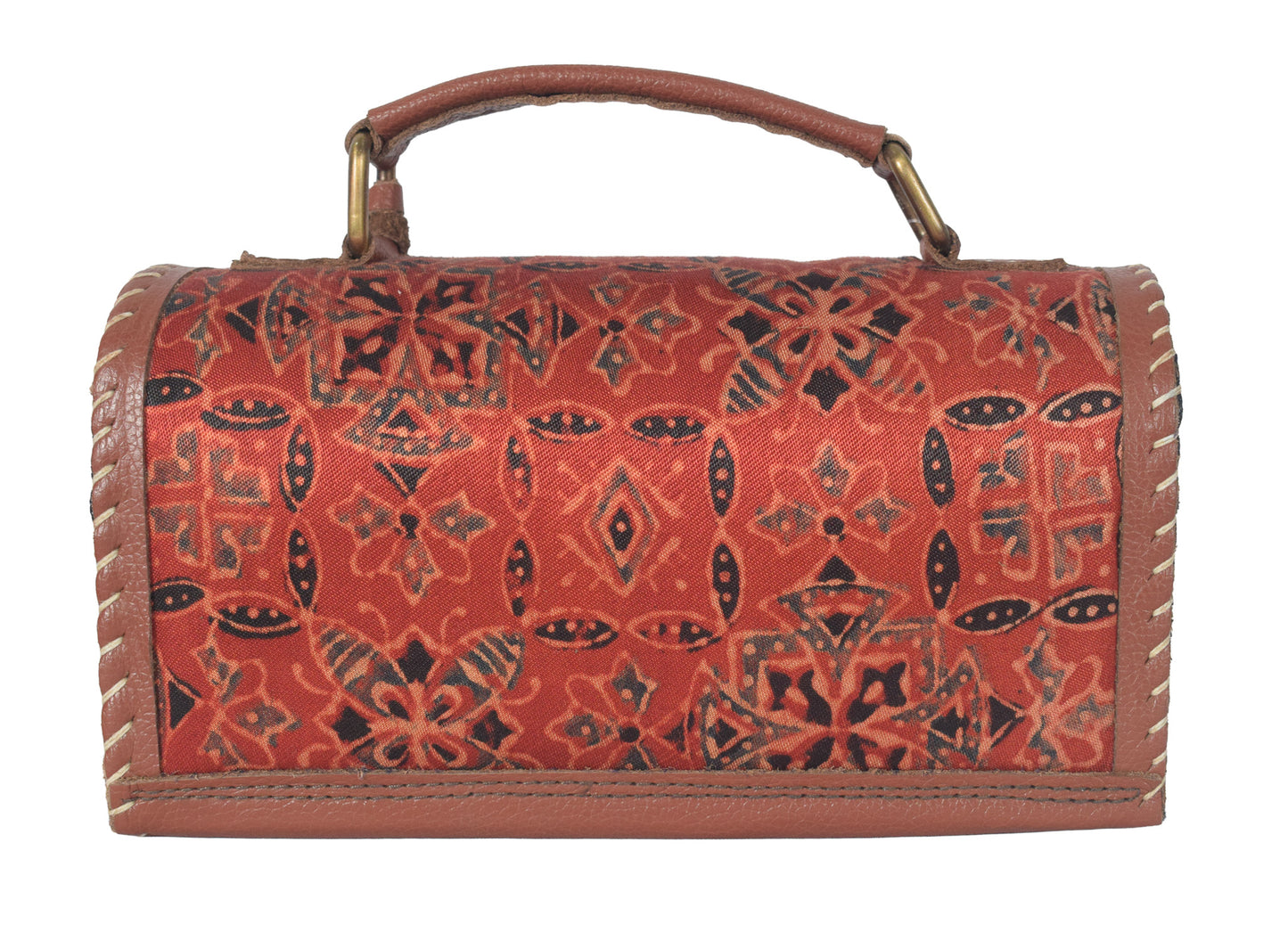 Ajrakh Pure Leather Leathercraft Hand Made Hand Embroidery Sling Bag with Ajrakh Natural Dyed Mashru Silk Body - 12 cms Length   -  SKU : AB25501A