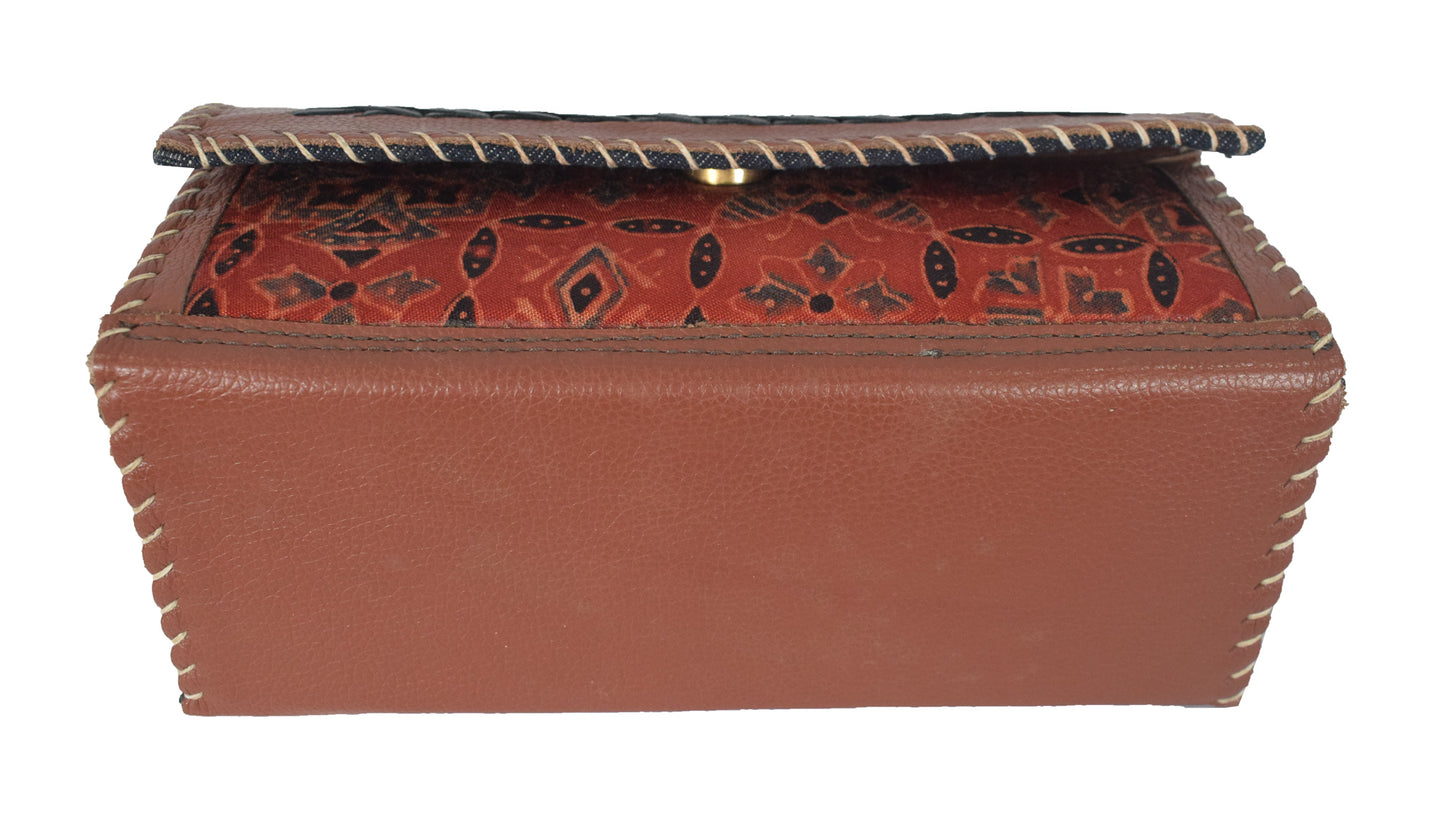 Ajrakh Pure Leather Leathercraft Hand Made Hand Embroidery Sling Bag with Ajrakh Natural Dyed Mashru Silk Body - 12 cms Length   -  SKU : AB25501A