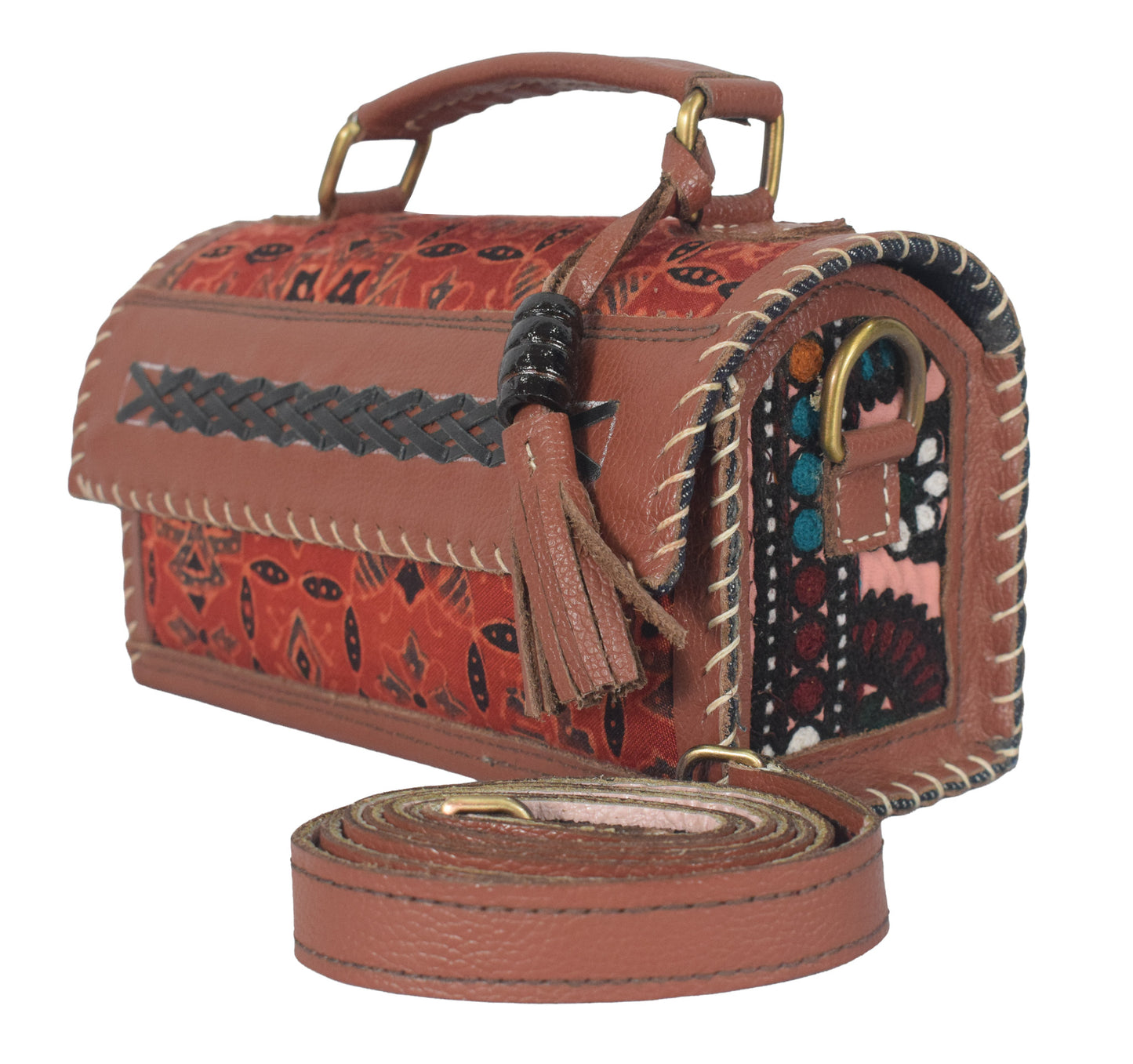 Ajrakh Pure Leather Leathercraft Hand Made Hand Embroidery Sling Bag with Ajrakh Natural Dyed Mashru Silk Body - 12 cms Length   -  SKU : AB25501B
