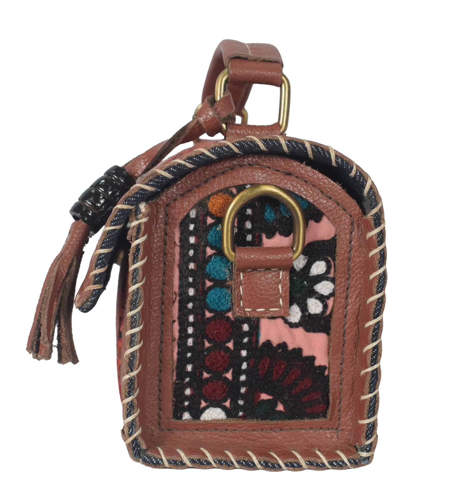 Ajrakh Pure Leather Leathercraft Hand Made Hand Embroidery Sling Bag with Ajrakh Natural Dyed Mashru Silk Body - 12 cms Length   -  SKU : AB25501C