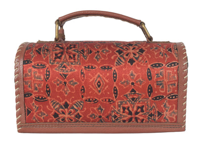 Ajrakh Pure Leather Leathercraft Hand Made Hand Embroidery Sling Bag with Ajrakh Natural Dyed Mashru Silk Body - 12 cms Length   -  SKU : AB25501C