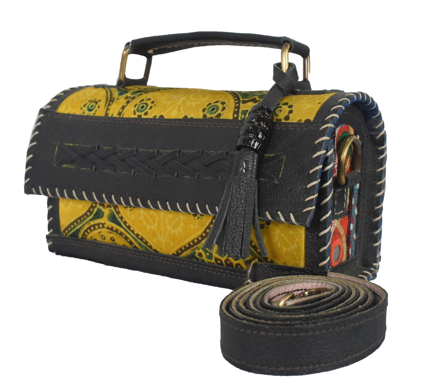 Ajrakh Pure Leather Leathercraft Hand Made Hand Embroidery Sling Bag with Ajrakh Natural Dyed Mashru Silk Body - 12 cms Length   -  SKU : AB25501K