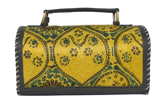 Ajrakh Pure Leather Leathercraft Hand Made Hand Embroidery Sling Bag with Ajrakh Natural Dyed Mashru Silk Body - 12 cms Length   -  SKU : AB25501K