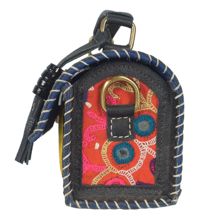 Ajrakh Pure Leather Leathercraft Hand Made Hand Embroidery Sling Bag with Ajrakh Natural Dyed Mashru Silk Body - 12 cms Length   -  SKU : AB25501K