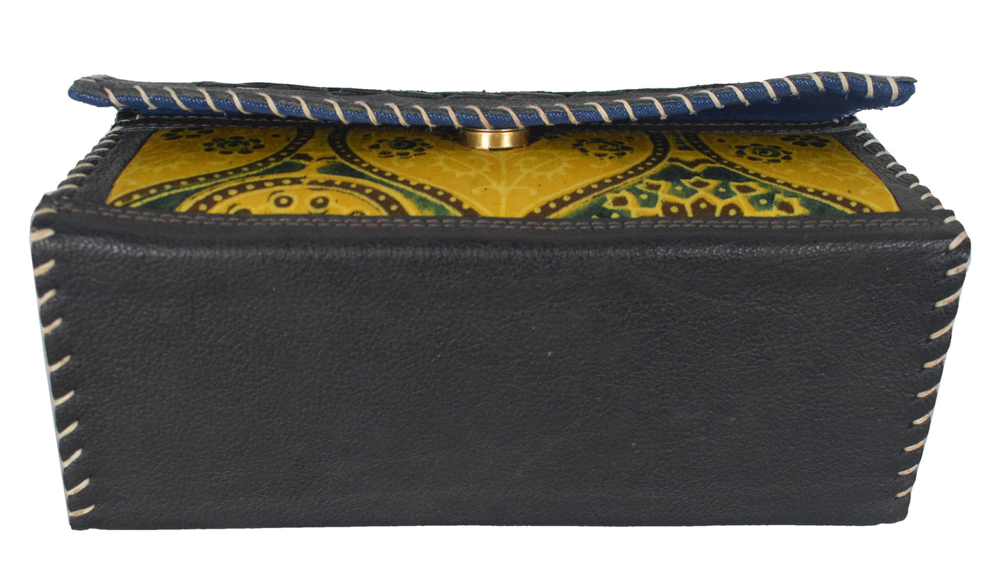 Ajrakh Pure Leather Leathercraft Hand Made Hand Embroidery Sling Bag with Ajrakh Natural Dyed Mashru Silk Body - 12 cms Length   -  SKU : AB25501K