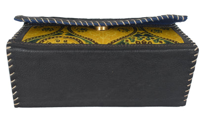 Ajrakh Pure Leather Leathercraft Hand Made Hand Embroidery Sling Bag with Ajrakh Natural Dyed Mashru Silk Body - 12 cms Length   -  SKU : AB25501K