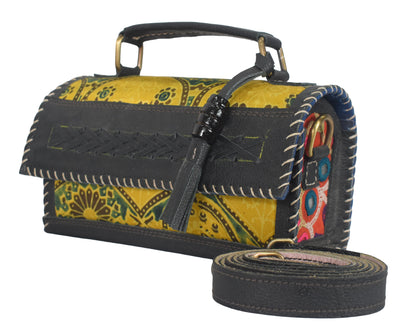 Ajrakh Pure Leather Leathercraft Hand Made Hand Embroidery Sling Bag with Ajrakh Natural Dyed Mashru Silk Body - 12 cms Length   -  SKU : AB25501L