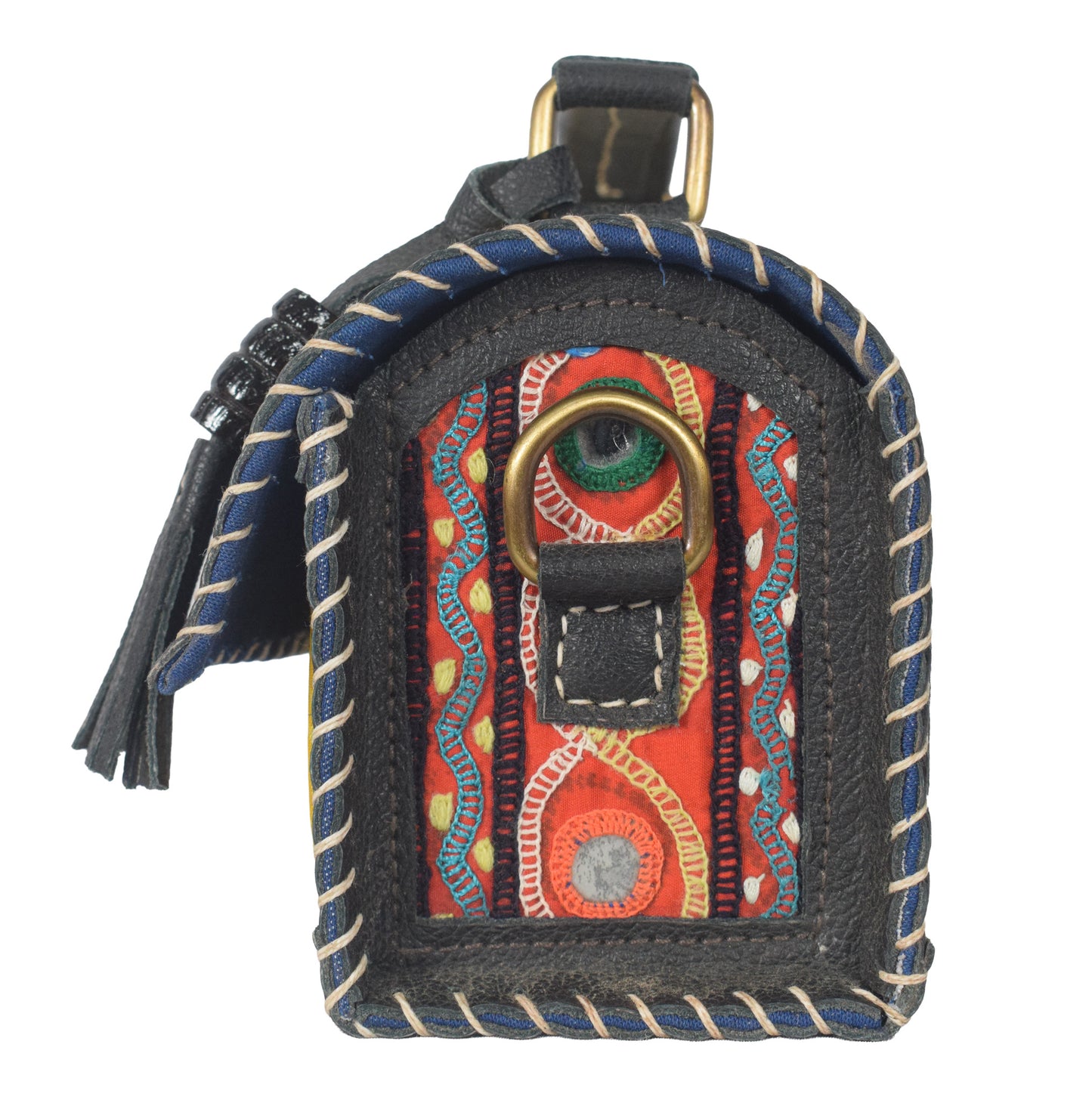 Ajrakh Pure Leather Leathercraft Hand Made Hand Embroidery Sling Bag with Ajrakh Natural Dyed Mashru Silk Body - 12 cms Length   -  SKU : AB25501L