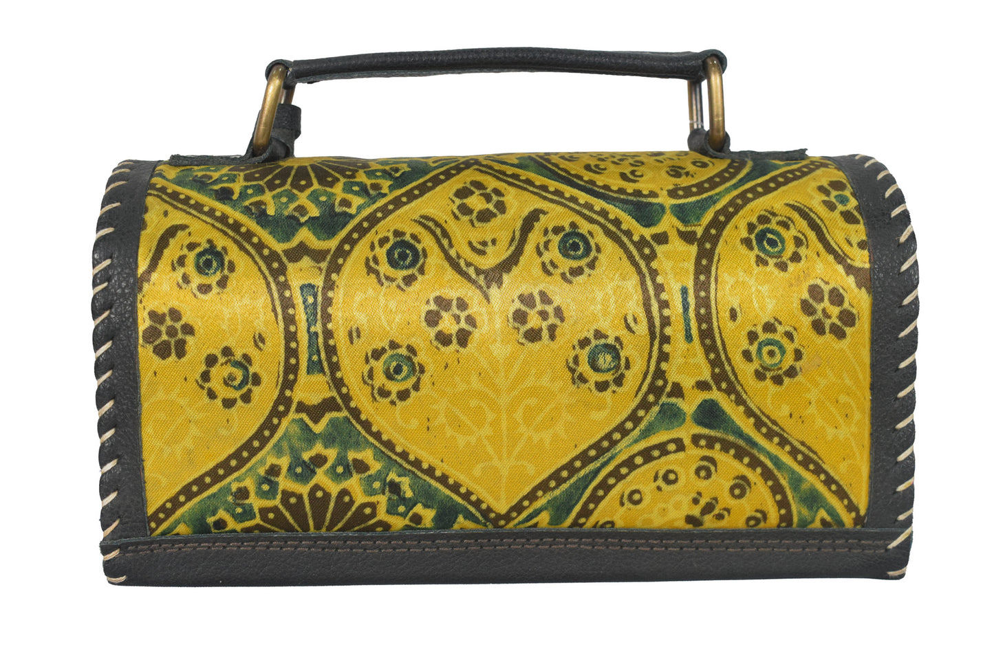 Ajrakh Pure Leather Leathercraft Hand Made Hand Embroidery Sling Bag with Ajrakh Natural Dyed Mashru Silk Body - 12 cms Length   -  SKU : AB25501L