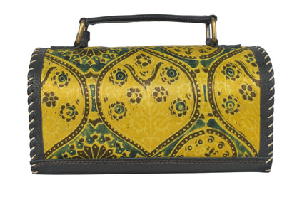 Ajrakh Pure Leather Leathercraft Hand Made Hand Embroidery Sling Bag with Ajrakh Natural Dyed Mashru Silk Body - 12 cms Length   -  SKU : AB25501L