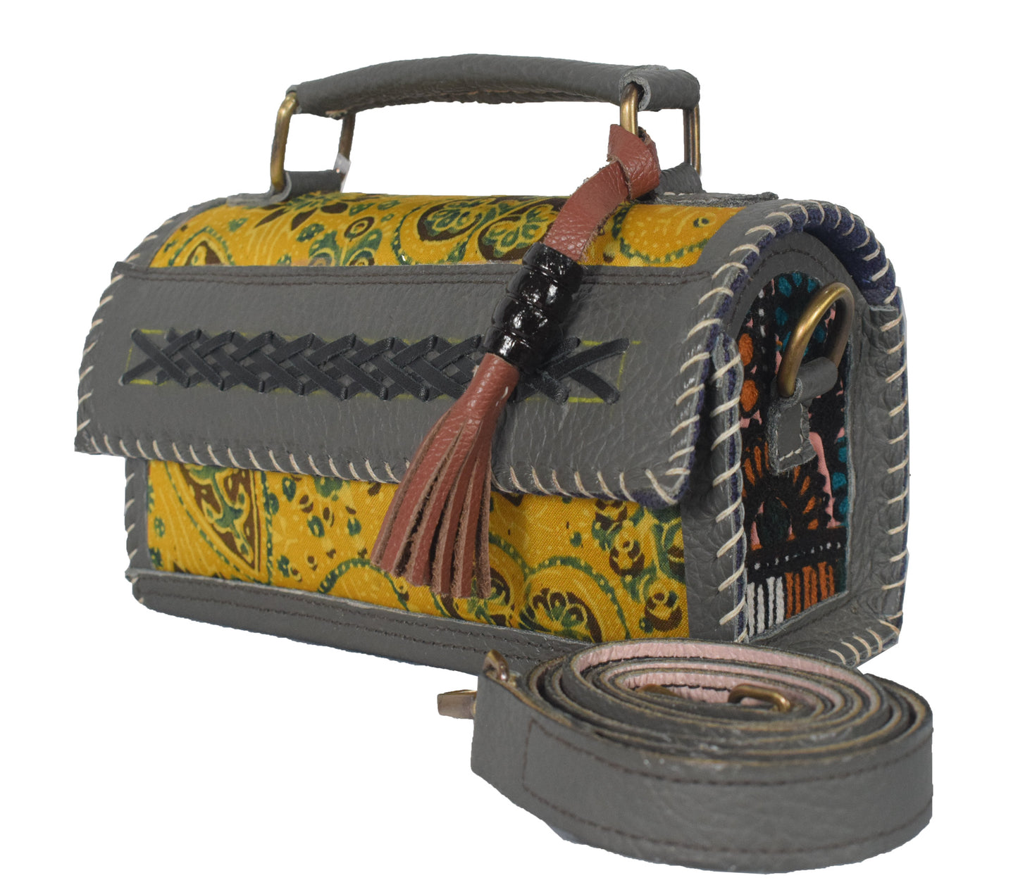 Ajrakh Pure Leather Leathercraft Hand Made Hand Embroidery Sling Bag with Ajrakh Natural Dyed Mashru Silk Body - 12 cms Length   -  SKU : AB25501M