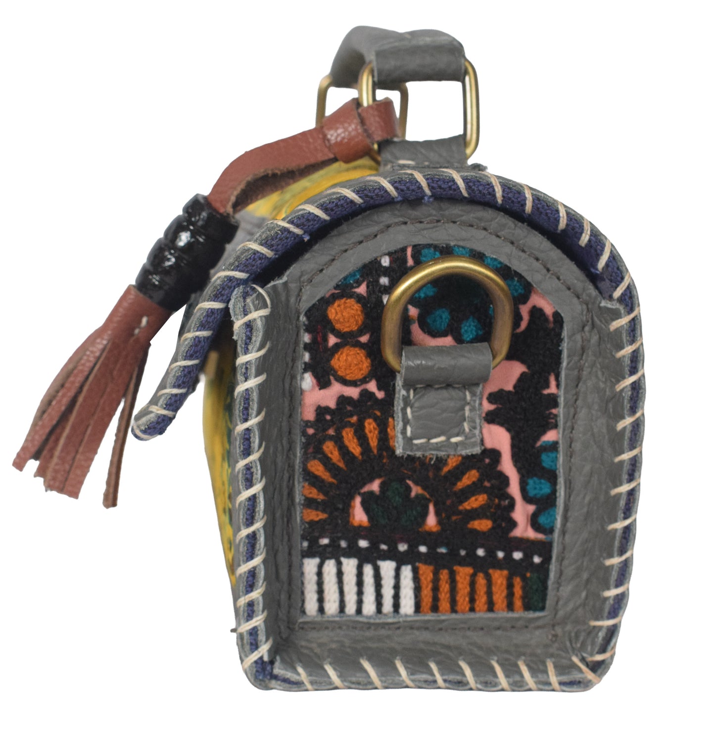 Ajrakh Pure Leather Leathercraft Hand Made Hand Embroidery Sling Bag with Ajrakh Natural Dyed Mashru Silk Body - 12 cms Length   -  SKU : AB25501M