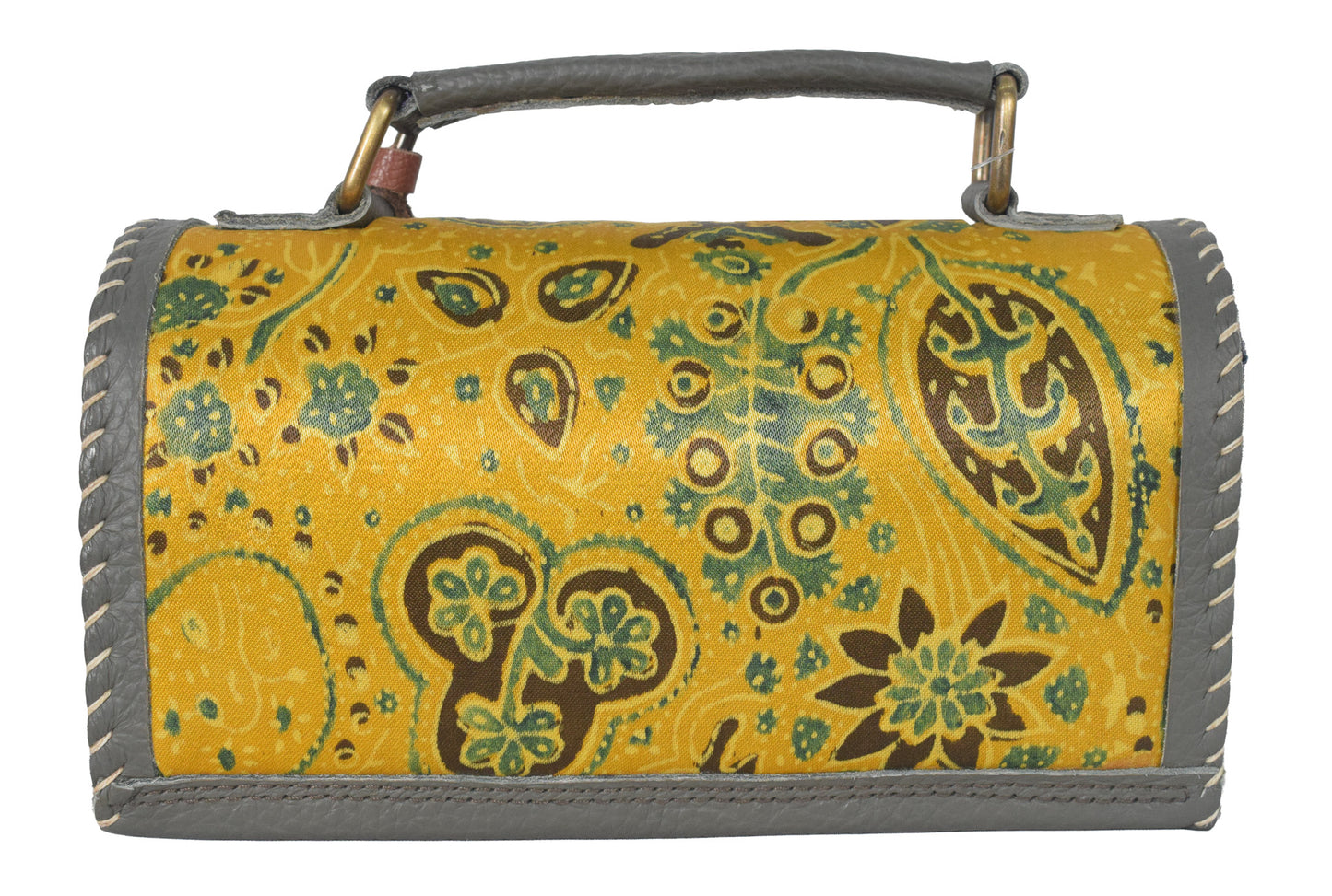 Ajrakh Pure Leather Leathercraft Hand Made Hand Embroidery Sling Bag with Ajrakh Natural Dyed Mashru Silk Body - 12 cms Length   -  SKU : AB25501M