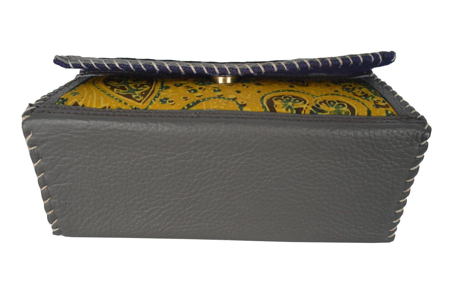 Ajrakh Pure Leather Leathercraft Hand Made Hand Embroidery Sling Bag with Ajrakh Natural Dyed Mashru Silk Body - 12 cms Length   -  SKU : AB25501M