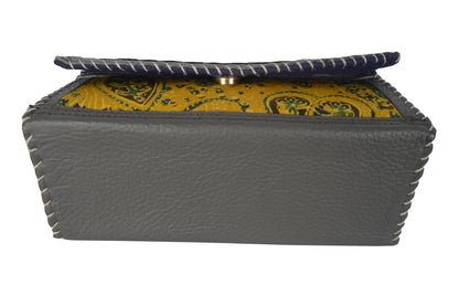 Ajrakh Pure Leather Leathercraft Hand Made Hand Embroidery Sling Bag with Ajrakh Natural Dyed Mashru Silk Body - 12 cms Length   -  SKU : AB25501M
