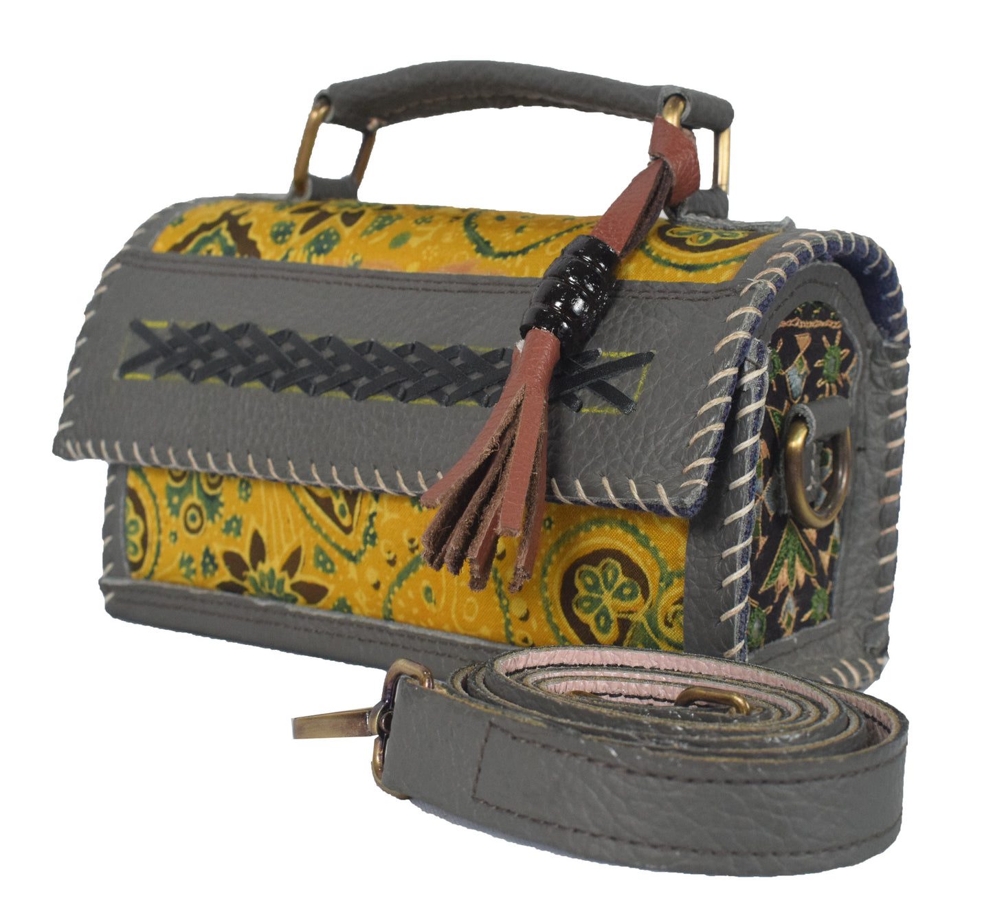Ajrakh Pure Leather Leathercraft Hand Made Hand Embroidery Sling Bag with Ajrakh Natural Dyed Mashru Silk Body - 12 cms Length   -  SKU : AB25501N