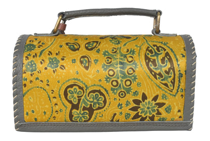 Ajrakh Pure Leather Leathercraft Hand Made Hand Embroidery Sling Bag with Ajrakh Natural Dyed Mashru Silk Body - 12 cms Length   -  SKU : AB25501N