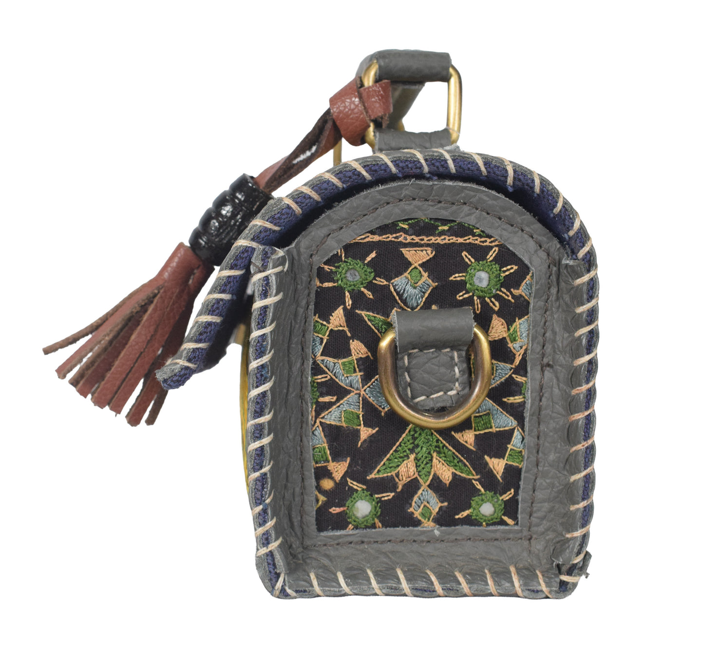 Ajrakh Pure Leather Leathercraft Hand Made Hand Embroidery Sling Bag with Ajrakh Natural Dyed Mashru Silk Body - 12 cms Length   -  SKU : AB25501N