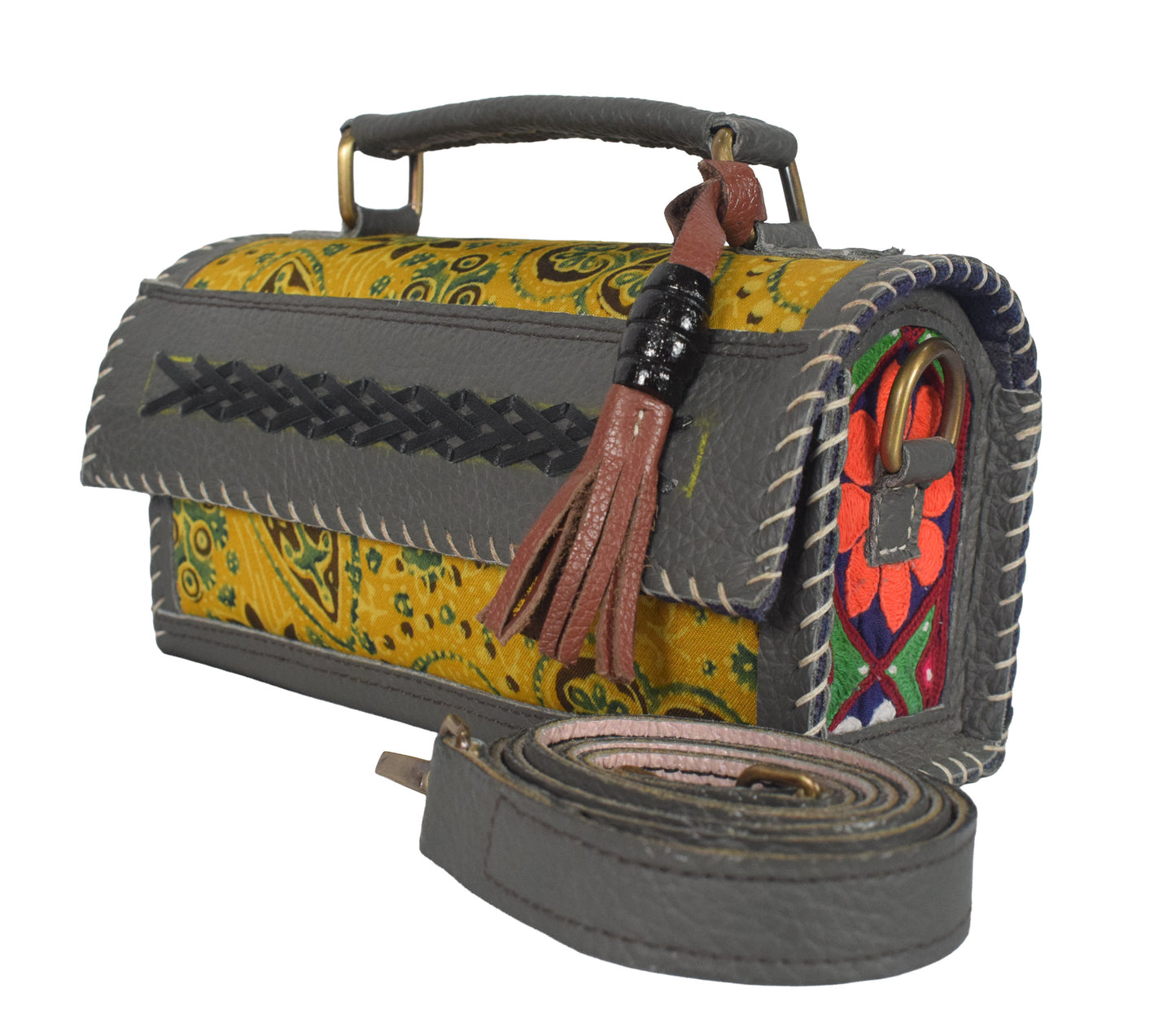 Ajrakh Pure Leather Leathercraft Hand Made Hand Embroidery Sling Bag with Ajrakh Natural Dyed Mashru Silk Body - 12 cms Length   -  SKU : AB25501P