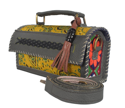 Ajrakh Pure Leather Leathercraft Hand Made Hand Embroidery Sling Bag with Ajrakh Natural Dyed Mashru Silk Body - 12 cms Length   -  SKU : AB25501P