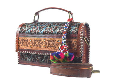 Ajrakh Pure Leather Leathercraft Hand Made Hand Embroidery Sling Bag with Ajrakh Natural Dyed Mashru Silk Body - Top Handle Box Bag - 14 cms Length   -  SKU : AB29701B