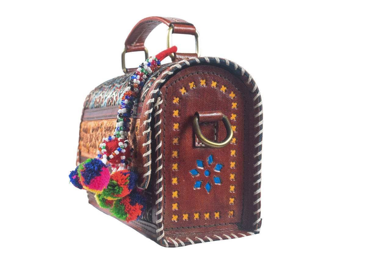 Ajrakh Pure Leather Leathercraft Hand Made Hand Embroidery Sling Bag with Ajrakh Natural Dyed Mashru Silk Body - Top Handle Box Bag - 14 cms Length   -  SKU : AB29701B