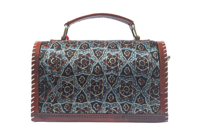 Ajrakh Pure Leather Leathercraft Hand Made Hand Embroidery Sling Bag with Ajrakh Natural Dyed Mashru Silk Body - Top Handle Box Bag - 14 cms Length   -  SKU : AB29701B