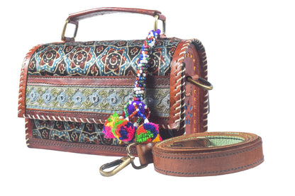 Ajrakh Pure Leather Leathercraft Hand Made Hand Embroidery Sling Bag with Ajrakh Natural Dyed Mashru Silk Body - Top Handle Box Bag - 14 cms Length   -  SKU : AB29701C