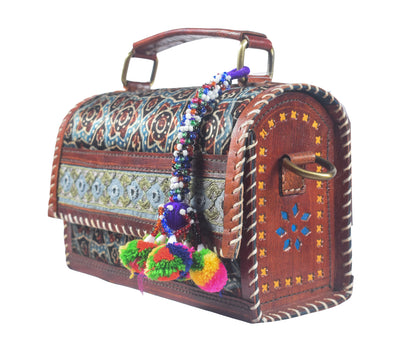 Ajrakh Pure Leather Leathercraft Hand Made Hand Embroidery Sling Bag with Ajrakh Natural Dyed Mashru Silk Body - Top Handle Box Bag - 14 cms Length   -  SKU : AB29701C