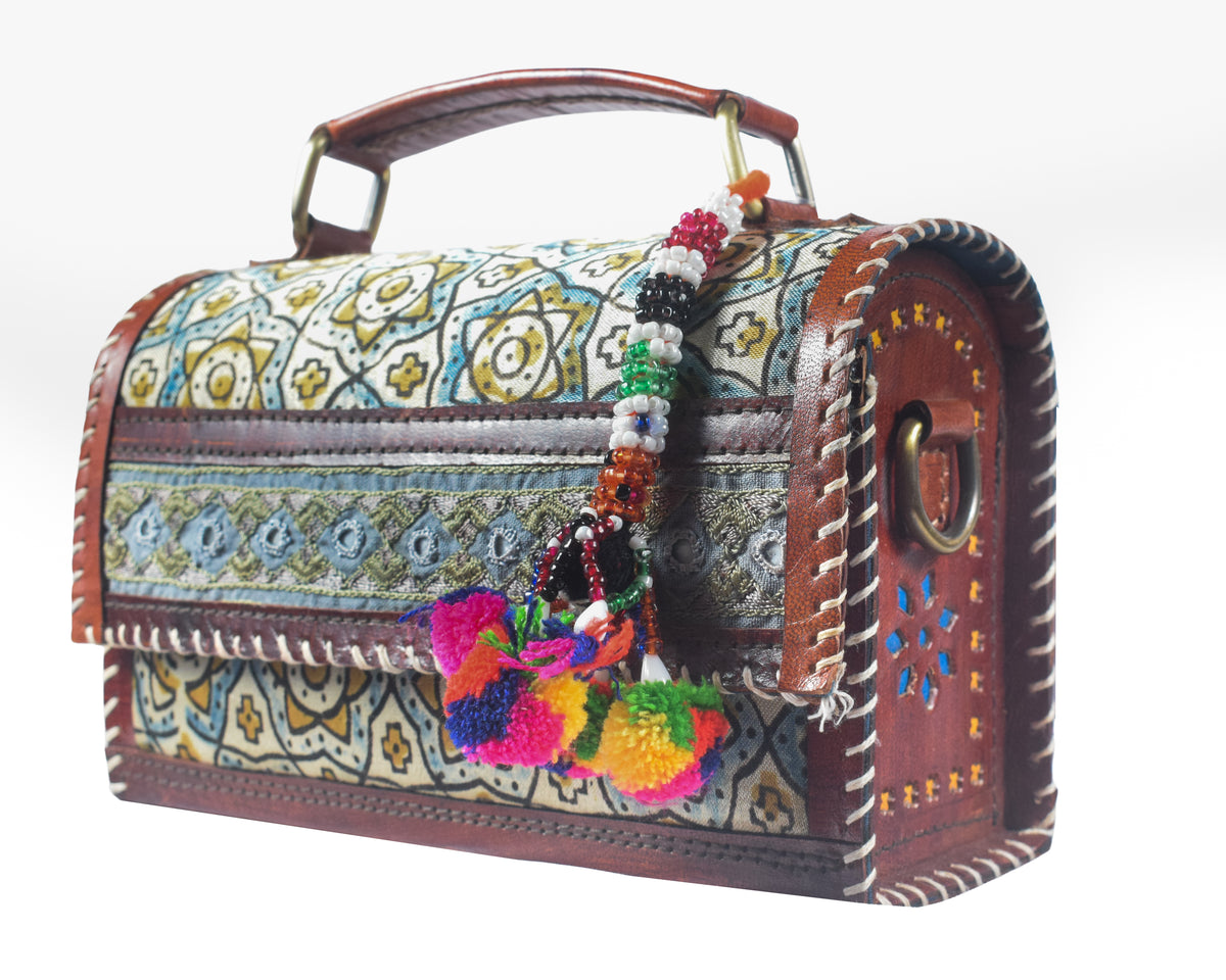 Ajrakh Pure Leather Leathercraft Hand Made Hand Embroidery Sling Bag with Ajrakh Natural Dyed Mashru Silk Body - Top Handle Box Bag - 14 cms Length   -  SKU : AB29701D