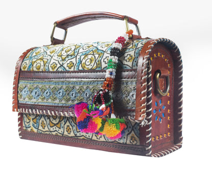 Ajrakh Pure Leather Leathercraft Hand Made Hand Embroidery Sling Bag with Ajrakh Natural Dyed Mashru Silk Body - Top Handle Box Bag - 14 cms Length   -  SKU : AB29701D