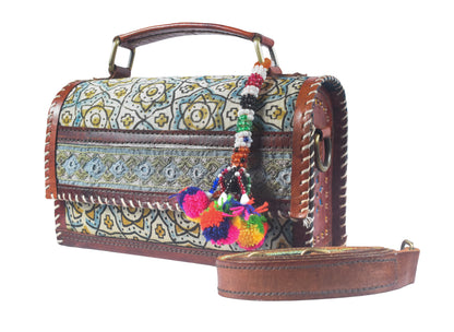 Ajrakh Pure Leather Leathercraft Hand Made Hand Embroidery Sling Bag with Ajrakh Natural Dyed Mashru Silk Body - Top Handle Box Bag - 14 cms Length   -  SKU : AB29701D
