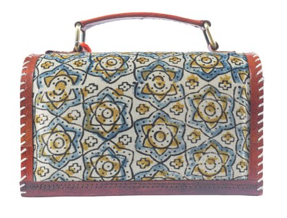 Ajrakh Pure Leather Leathercraft Hand Made Hand Embroidery Sling Bag with Ajrakh Natural Dyed Mashru Silk Body - Top Handle Box Bag - 14 cms Length   -  SKU : AB29701D