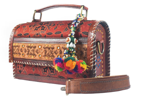 Ajrakh Pure Leather Leathercraft Hand Made Hand Embroidery Sling Bag with Ajrakh Natural Dyed Mashru Silk Body - Top Handle Box Bag - 14 cms Length   -  SKU : AB29701A