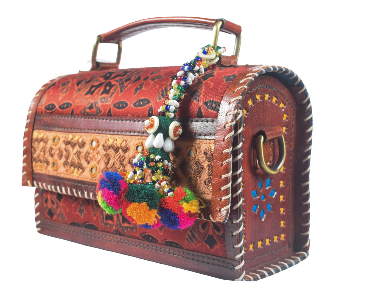 Ajrakh Pure Leather Leathercraft Hand Made Hand Embroidery Sling Bag with Ajrakh Natural Dyed Mashru Silk Body - Top Handle Box Bag - 14 cms Length   -  SKU : AB29701A