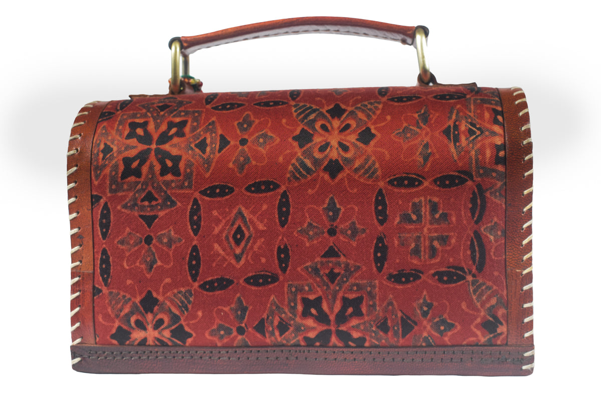Ajrakh Pure Leather Leathercraft Hand Made Hand Embroidery Sling Bag with Ajrakh Natural Dyed Mashru Silk Body - Top Handle Box Bag - 14 cms Length   -  SKU : AB29701A