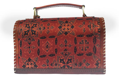 Ajrakh Pure Leather Leathercraft Hand Made Hand Embroidery Sling Bag with Ajrakh Natural Dyed Mashru Silk Body - Top Handle Box Bag - 14 cms Length   -  SKU : AB29701A