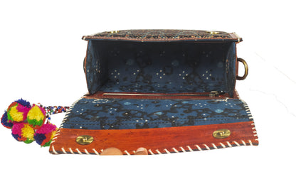 Ajrakh Pure Leather Leathercraft Hand Made Hand Embroidery Sling Bag with Ajrakh Natural Dyed Mashru Silk Body - Top Handle Box Bag - 14 cms Length   -  SKU : AB29701A