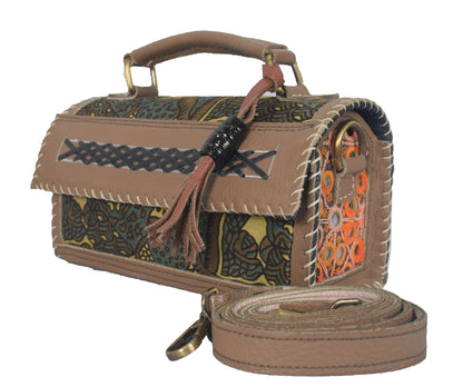 Ajrakh Pure Leather Leathercraft Hand Made Hand Embroidery Sling Bag with Ajrakh Natural Dyed Mashru Silk Body - 12 cms Length   -  SKU : AB25501I
