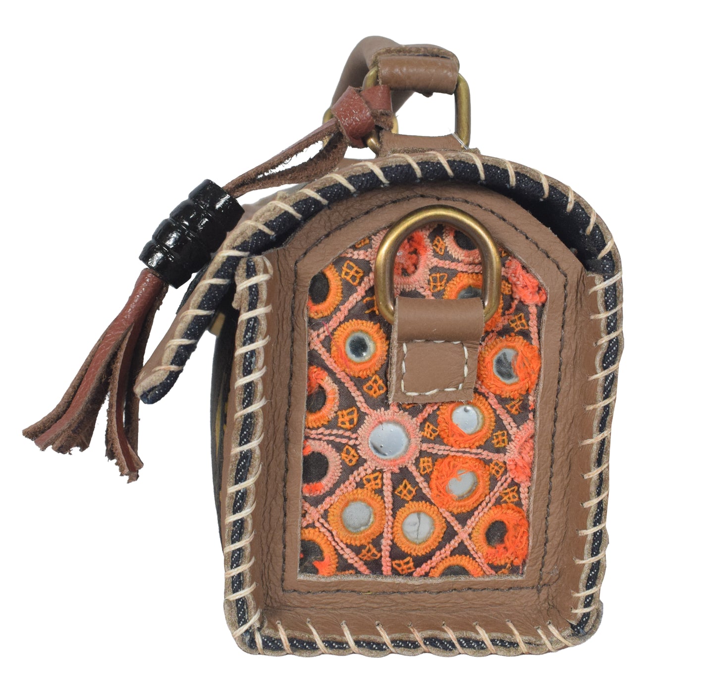 Ajrakh Pure Leather Leathercraft Hand Made Hand Embroidery Sling Bag with Ajrakh Natural Dyed Mashru Silk Body - 12 cms Length   -  SKU : AB25501I