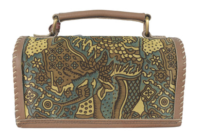 Ajrakh Pure Leather Leathercraft Hand Made Hand Embroidery Sling Bag with Ajrakh Natural Dyed Mashru Silk Body - 12 cms Length   -  SKU : AB25501T