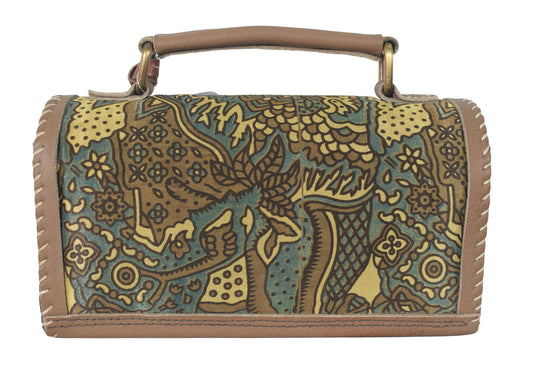 Ajrakh Pure Leather Leathercraft Hand Made Hand Embroidery Sling Bag with Ajrakh Natural Dyed Mashru Silk Body - 12 cms Length   -  SKU : AB25501T